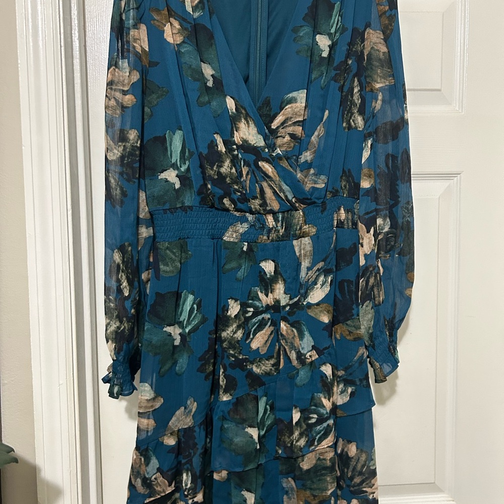 Harper Teal Floral Long Sleeve Wrap Tiered Dress